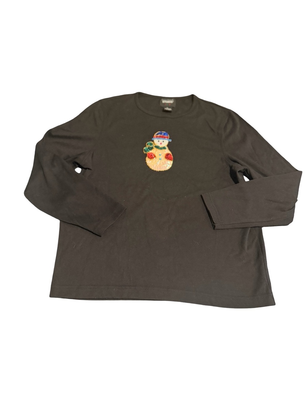 Vintage Studio Black Long-Sleeve Tee with Festive Snowman